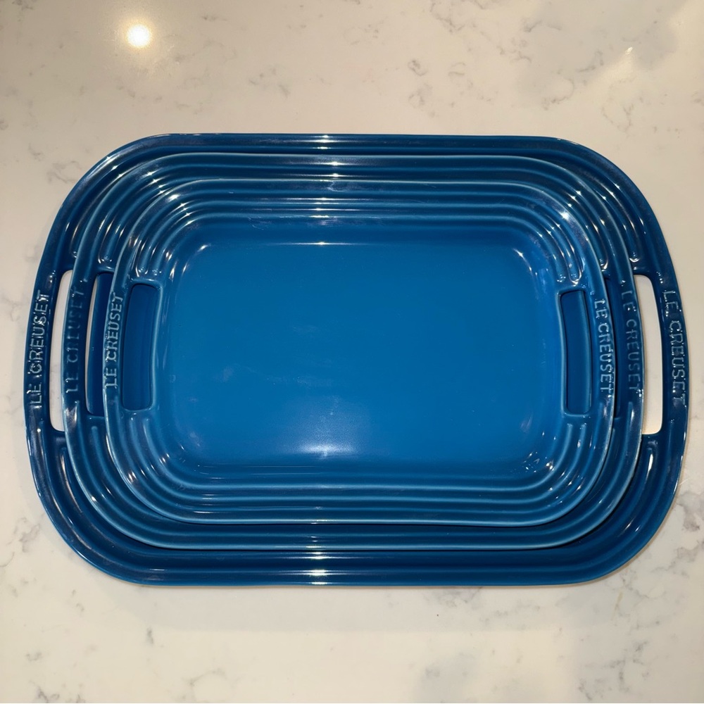Le Creuset Stoneware serving platters Marseille Blue as a set